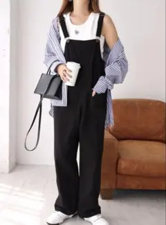 新品⭐︎ andme コットンツイル ベイカーワイド　サロペット ブラックMのサムネイル