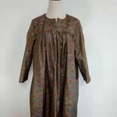 大島紬着物リメイク　ギャザー切替ロングワンピースFreeesize　No.58