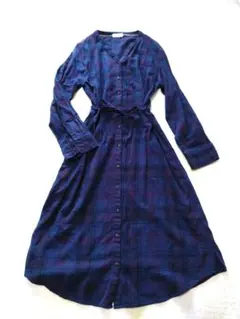 シャツロングワンピース チェック ウエストリボン 前開き ネイビー 2WAY