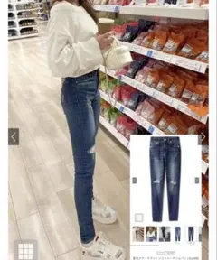【美品】配色ステッチダメージスキニーデニムパンツ cu308 XS