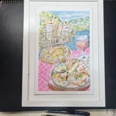 C #5B3C 手描き水彩画　原画　チンクエテッレ　　B5サイズボード