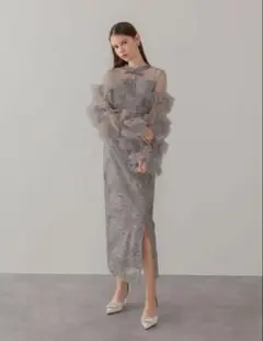 フリルチュールスリーブリボンIラインワンピースドレス結婚式