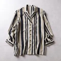 80s vintage 総柄 テーラード シャツ ストライプ柄 メンズ　M 古着