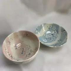 花柄陶器ボウルと皿のセット　桜　ピンク　水色