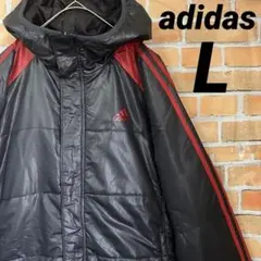 adidas 中綿ジャケット ロング丈 シンプル ワンポイント ライン レッド