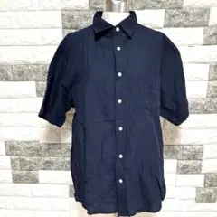 美品【Salt&Pepper】リネン半袖シャツ Lネイビー麻混シンプルゆったり目