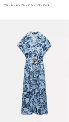 ZARA 水色 フローラルプリントL シャツワンピース