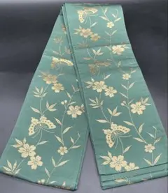 半幅帯　洒落帯　△ ポリエステル　金彩　蝶　植物　花柄　h19