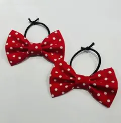 キッズ　大人　リボン　ヘアゴム　水玉　ドット　赤
