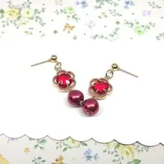 No.080☆フラワー（レッド） ピアス イヤリング マスクチャーム