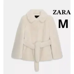 新品、タグ付きZARA クリーム色 ベルト付きフェイクファーコート エクリュ M