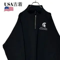 00s USA古着 カレッジ刺繍ロゴ ハーフジップスウェット 黒 L トレーナー