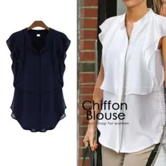【新品】シフォンブラウス シフォンシャツ ノースリーブブラウス ネイビー S
