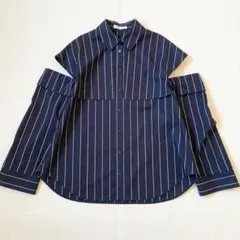 ADEAM アディアム ストライプ シャツブラウス ネイビー×ライトグレーのサムネイル