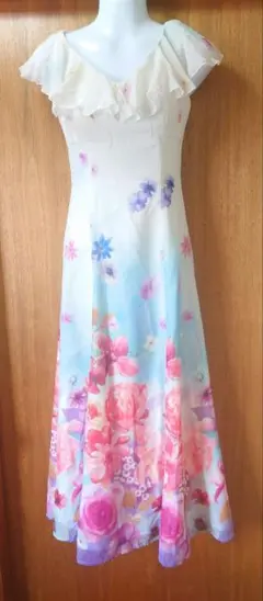 花柄フリルノースリーブロングワンピース Sサイズ