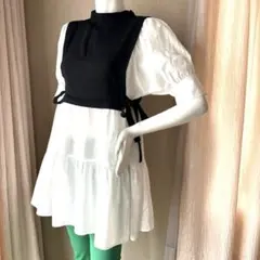 WEGOチュニック レイヤード風 パフスリーブ ティアード 白 ×黒のサムネイル