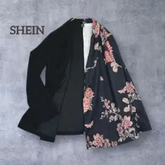 シーイン 切り替え 花柄 羽織り カーディガン 長袖 黒 Ｌ
