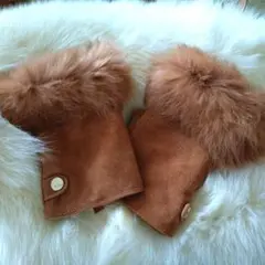 新品スエードフォックスファー付き手袋 茶色 M