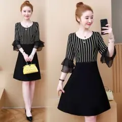 4L 新品 五分袖ウエスト切替ワンピース 黒 大きいサイズ レディース Aライン