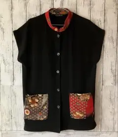 【和柄デザイン】花鳥風月 花柄 ノースリーブ ニットカーディガン ロングベスト黒