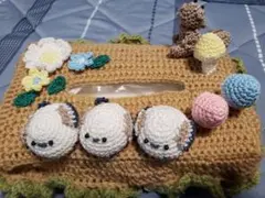 かぎ編み ティッシュボックスカバー シマエナガ　　花　ハンドメイド　あみぐるみ