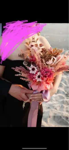 ウェディング　ブーケ　前撮り　ピンク系ドライフラワー　造花