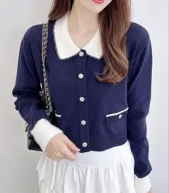 フェザー襟配色ニットカーディガン