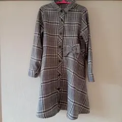 【BeBe】120/ チェック柄/長袖リボンワンピース/ポケット付き/グレー