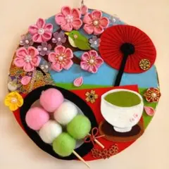 フェルトリース　春　桜　お団子　お花見　和　つまみ細工　ハンドメイドのサムネイル