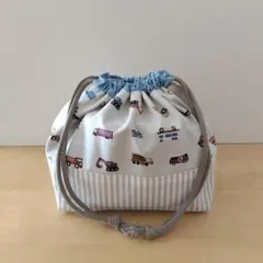 ストライプ働く車ブルー お弁当袋 男の子〈ハンドメイド〉