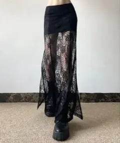 レース スリット入りロングスカート 黒