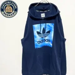 アディダス　パーカー　フーディー　トレフォイルロゴ　プリント　紺　XL