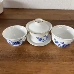 中国茶器　セット 青い花柄 陶器製　蓋碗