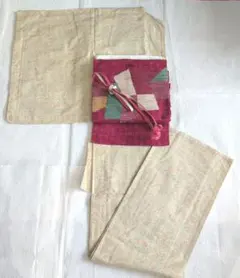 紬着物単衣【アイボリーホワイト×炭黒淡赤淡緑扇吉祥文柄】紬名古屋帯/帯締/帯揚のサムネイル