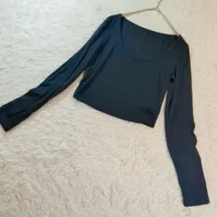 Dazy SHEIN (M) 長袖リブニットシャツ ショート丈 紺 ネイビー