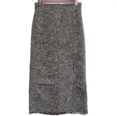 GU ジーユー ツイードナロースカート ロング タイト フリンジ 茶 黒 S