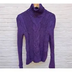 【肉厚】パープル タートルネック ケーブルニット セーター ざっくり編み 紫