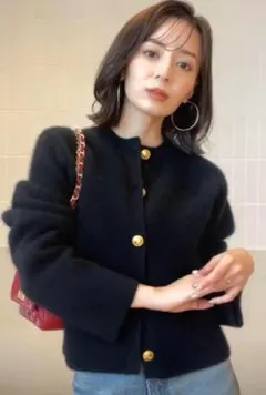 anuans ラクーンブレンドノーカラーニットジャケット ブラック