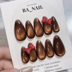 【現品】ネイルチップ マグネット ブラウン リボン 赤 ガーリー