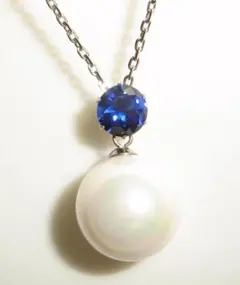大粒　あこや真珠 風　貝パール　サファイア　ステンレス　ネックレス　ペンダント