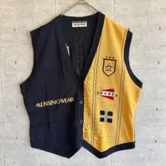 美品✨マンシングウェア ニットベスト アシンメトリー 切替 刺繍ロゴ 紺 黄 Lのサムネイル
