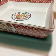 万葉赤絵角盛鉢　25×25×5cm お値下げ