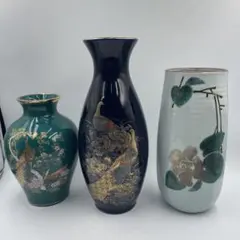 花瓶 3点まとめ売り 九谷焼 龍山 孔雀 椿 陶器 金彩 インテリア 花器
