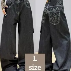 【新品】バギーデニム 刺繍 ワイド ジーンズ デニム Y2K風 ブラックL
