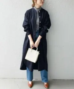 SHIPS any ウールミックス ソフト パフ シャツワンピース ネイビー