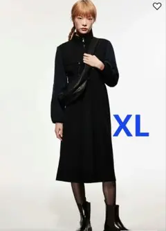 H&M フリースディテールワンピース XL ロング　黒 新品