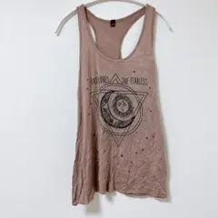 美品 モカ色のノースリーブタンクトップ【L】太陽と月のグラフィック