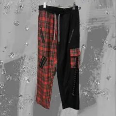 赤黒 チェック アシンメトリー パンツ