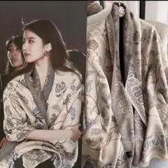 ペイズリー柄 ストール ベージュA 大判 厚手 おしゃれ 防寒 ジャガード風　b