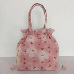 巾着トートバッグ・北欧調点線フラワー・綿麻キャンバス・ハンドメイド